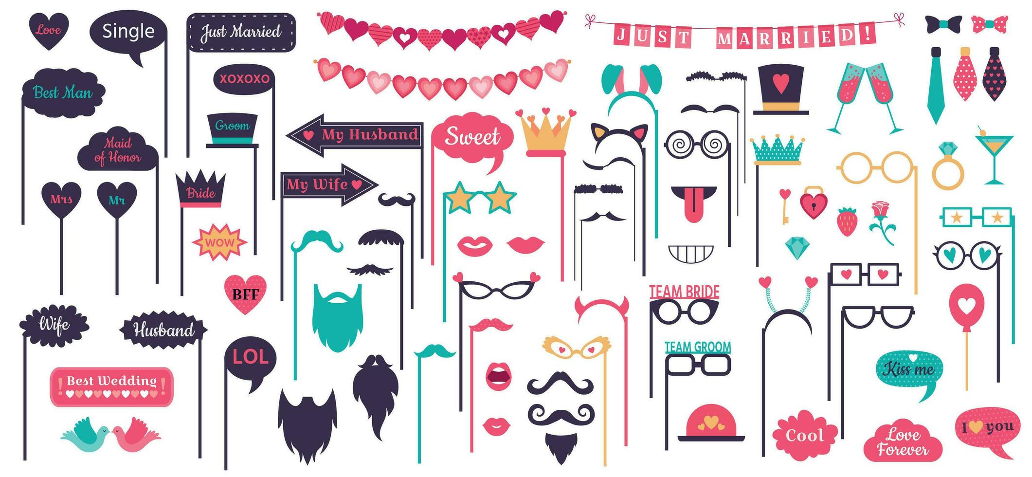 Photo booth props. Wedding speech bubble frames, doodle love heart frame, mustache and glasses on prop vector set