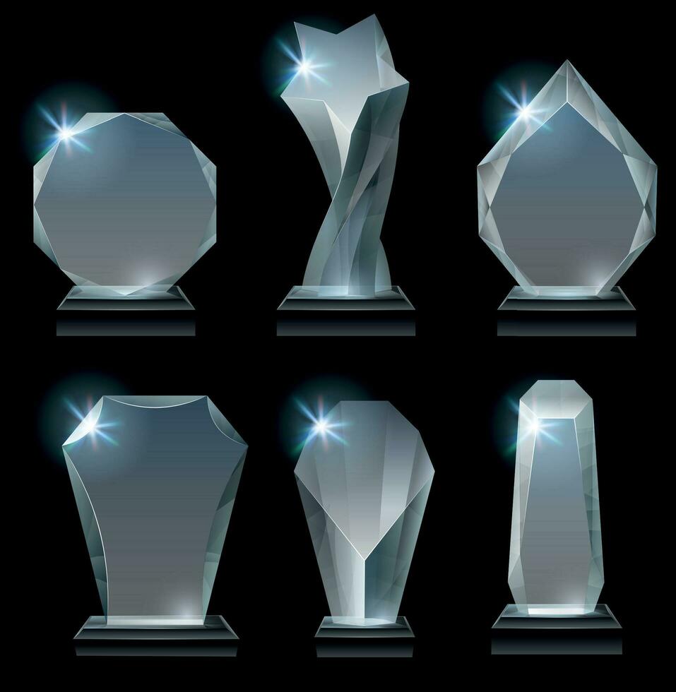 Transparent trophy awards. Glass award on stand, acrylic awards trophies and clear winner crystal realistic vector set