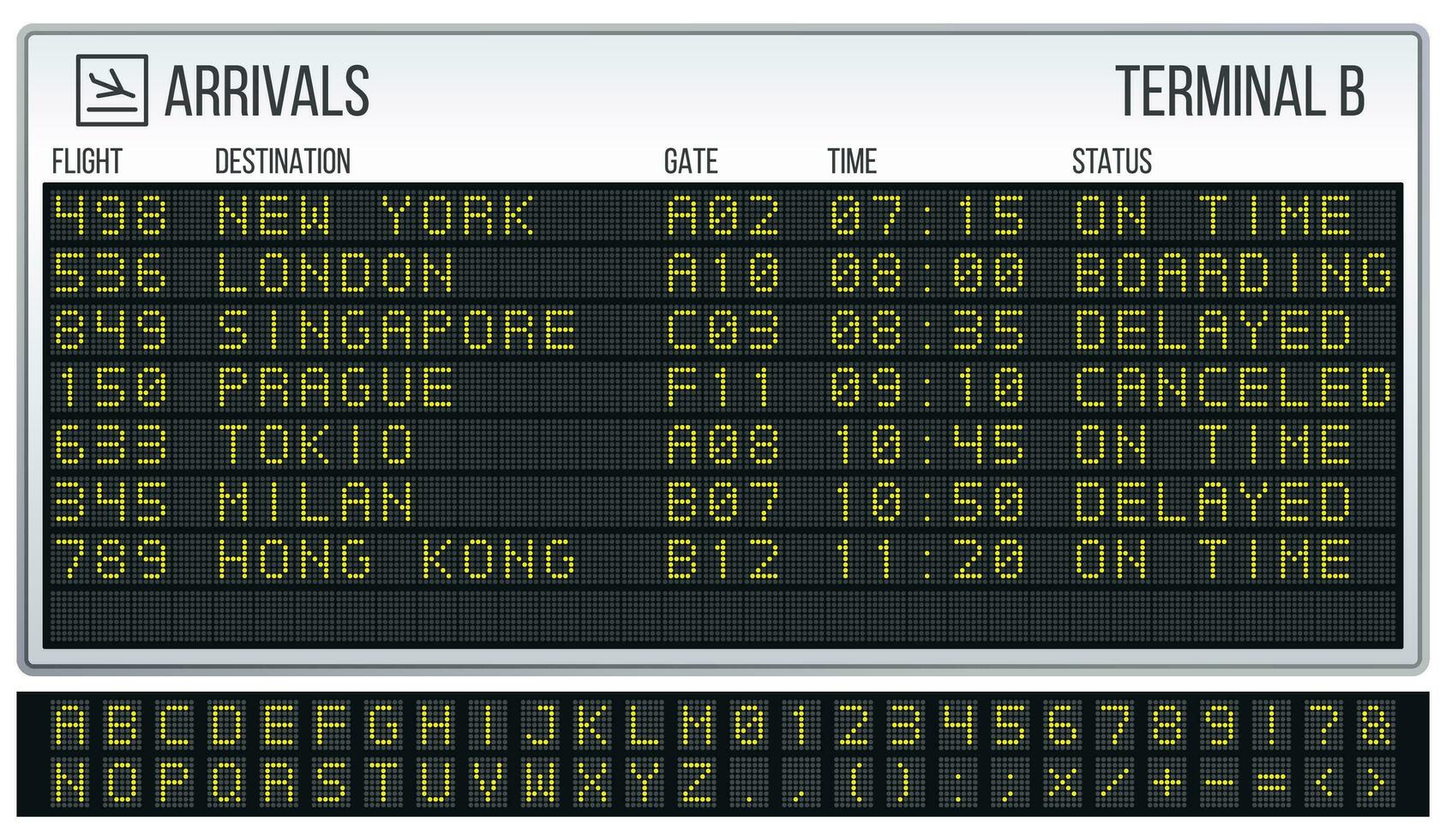 Airport scoreboard. Digital LED board font, arrivals and departures signs realistic vector illustration