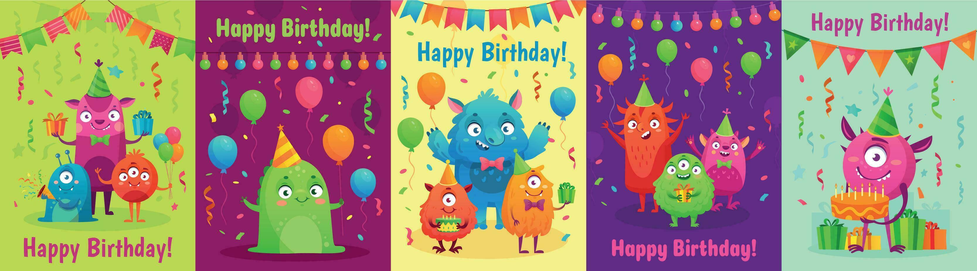 monstruo cumpleaños saludo tarjeta. monstruos con contento cumpleaños regalos, niños fiesta invitación y simpático monstruo dibujos animados vector conjunto
