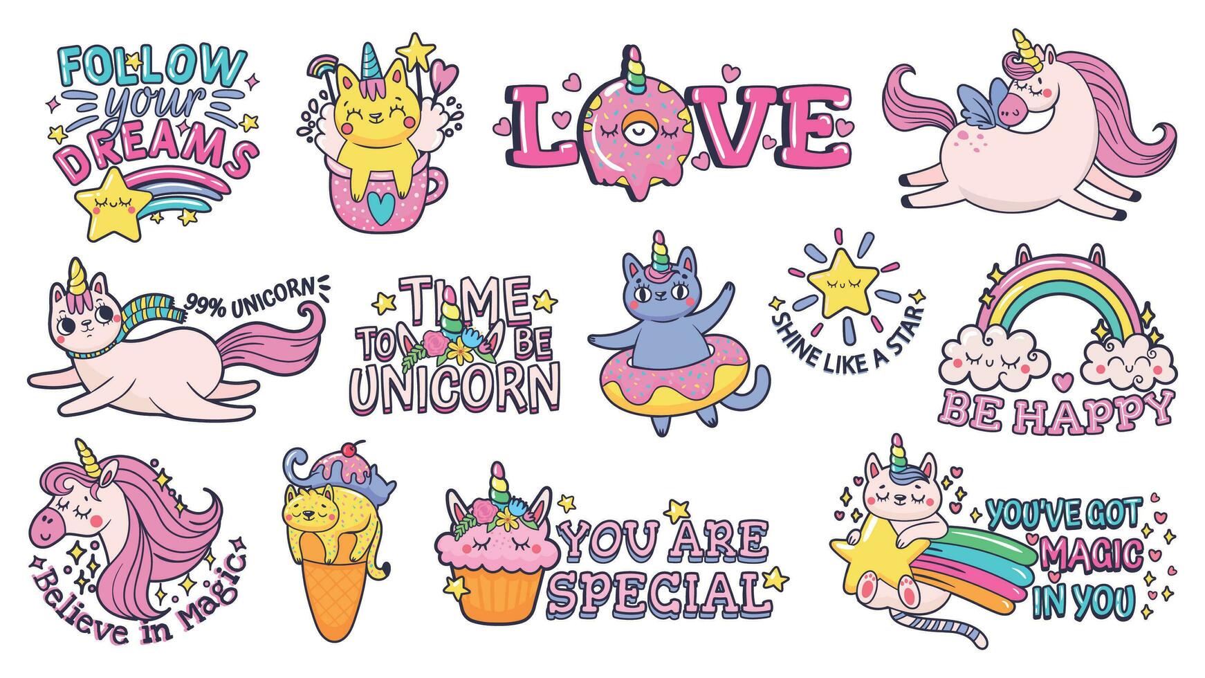 Cute slogan patches. Time to be unicorn, shine like star and follow your dreams signs with happy cat, sweet candies and magic pony vector sticker illustration set