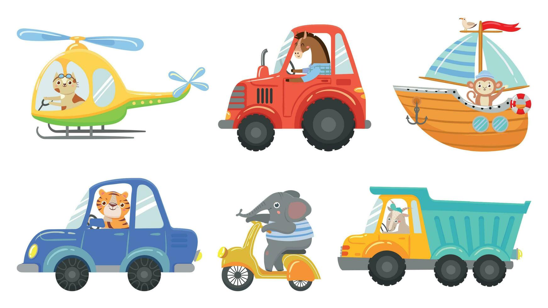 Cute animal drivers. Animal driving car, tractor and truck. Toy helicopter, sailboat and urban scooter cartoon vector illustration set
