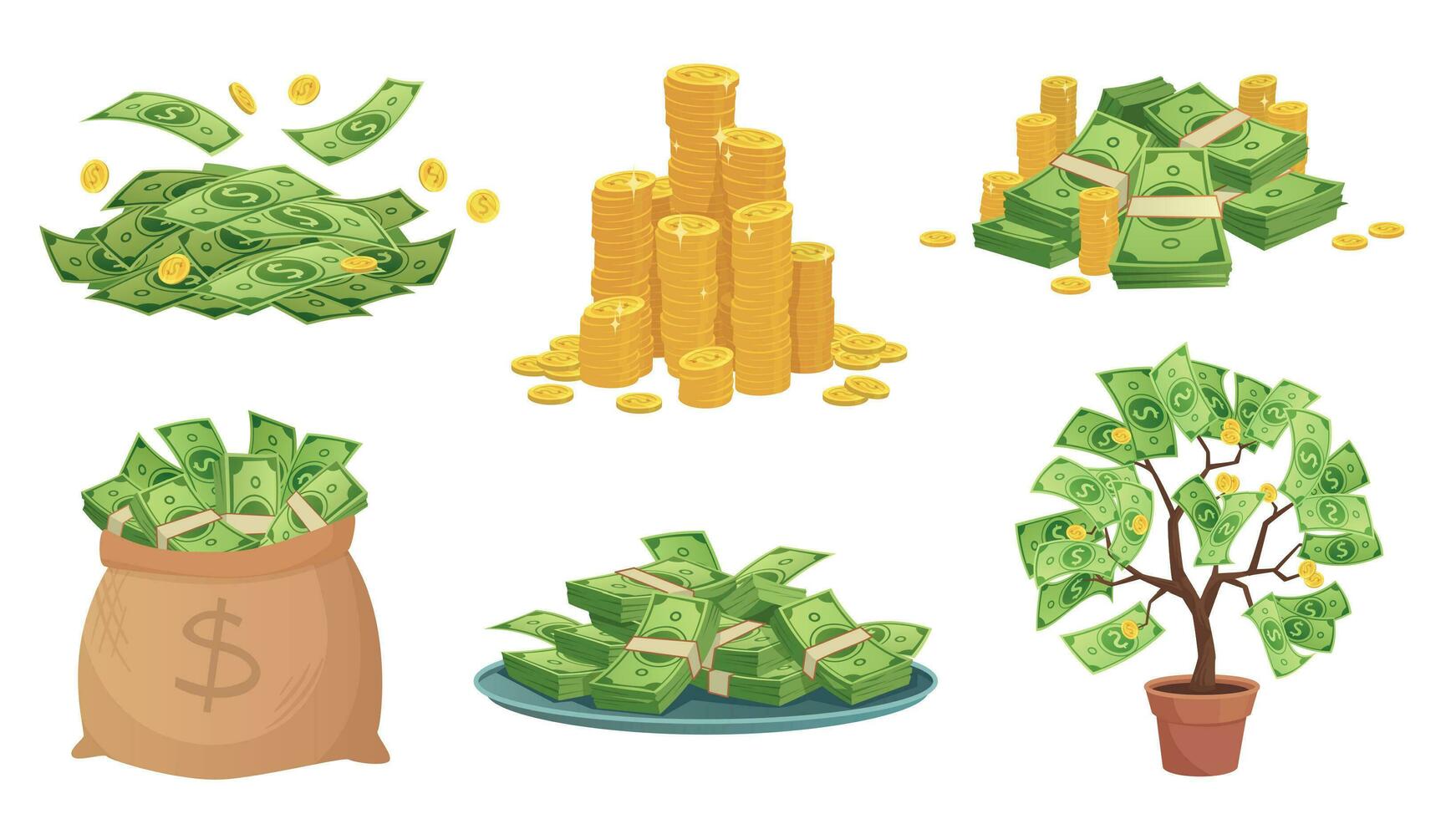 Cartoon cash. Green dollar banknotes pile, rich gold coins and pay. Cash bag, tray with stacks of bills and money tree vector illustration set