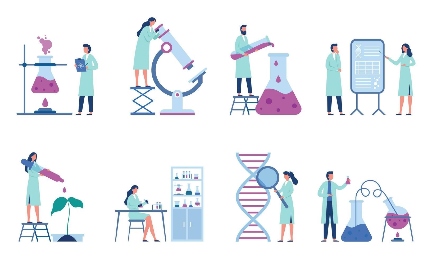 Working scientists. Professional lab research, chemistry laboratory workers and science researchers flat vector illustration set
