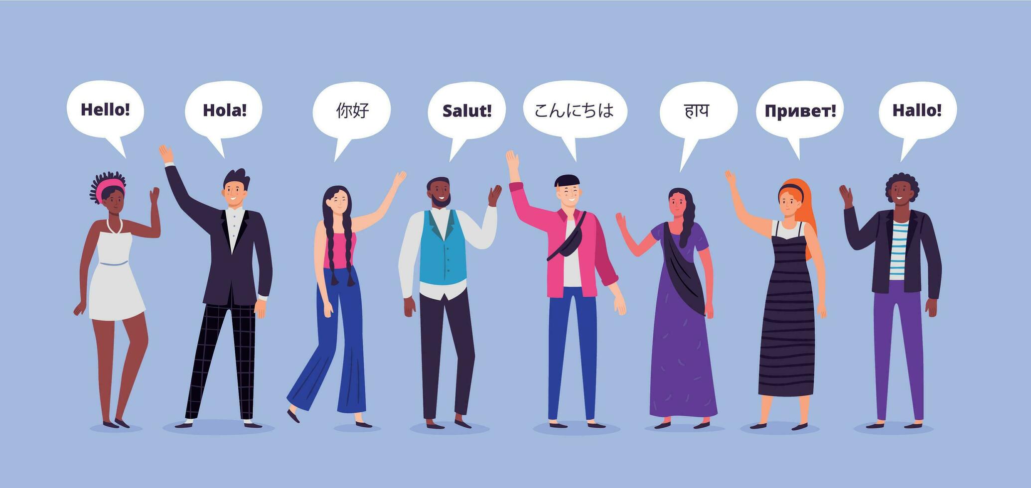 People say hi. Hello on different languages, greetings world persons and communicating people flat vector illustration