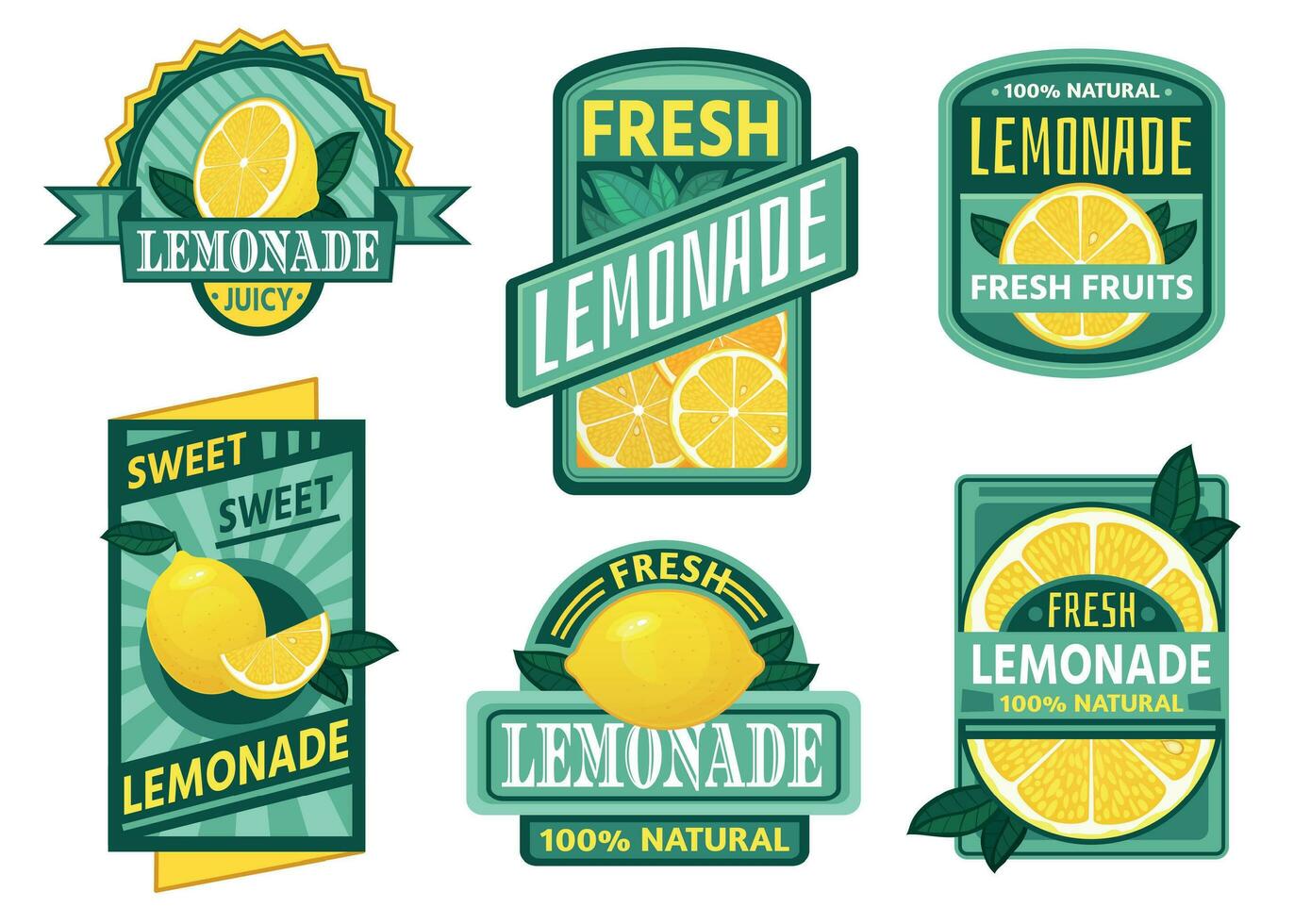 Lemonade badge. Lemon syrup, fresh lemonades emblems and lemons fruits juice drink vintage badges vector set