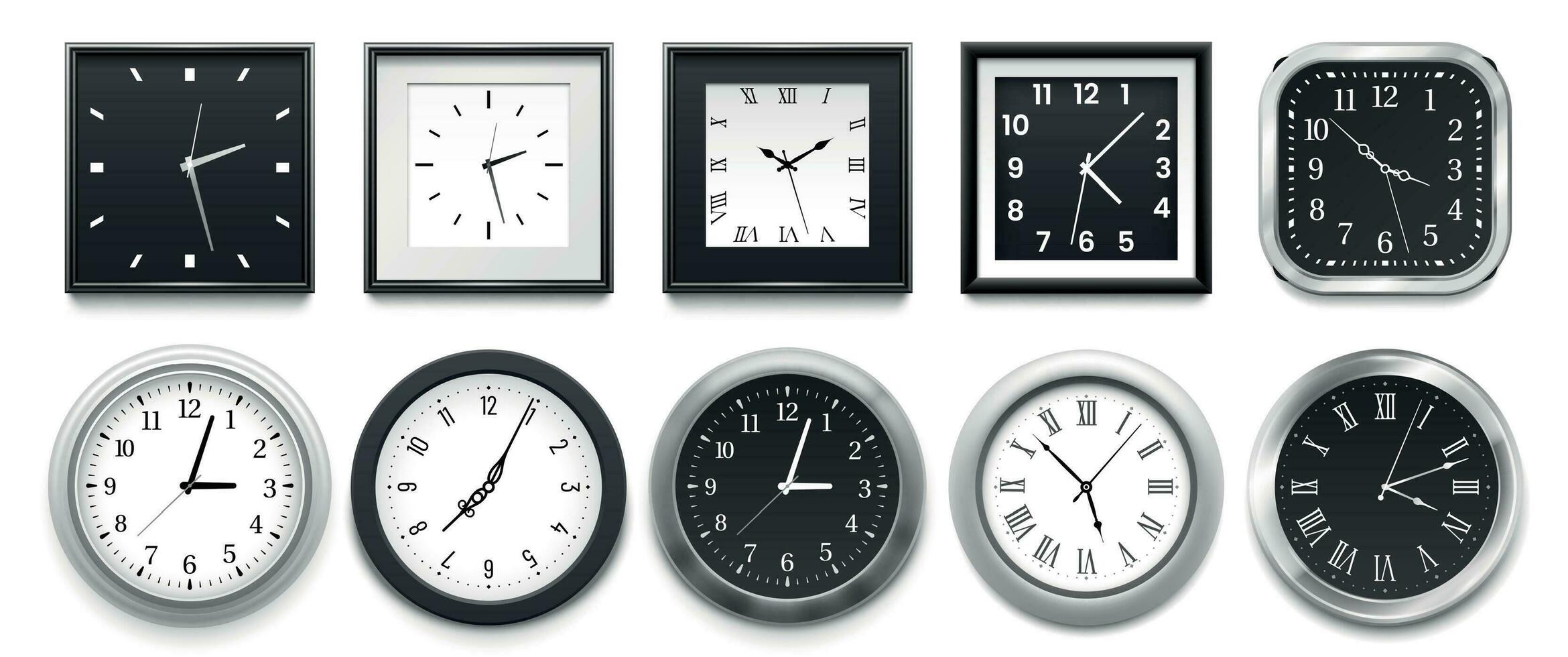 Realistic clock. Modern white round wall clocks, black watch face and time watch mockup 3d vector illustration set