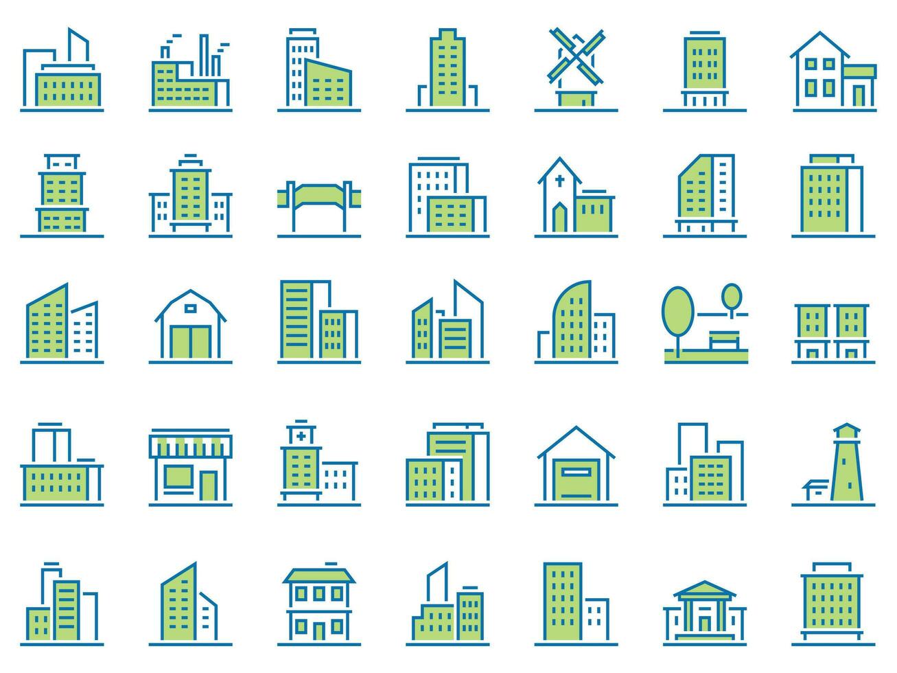 Color line building icons. Green town icon, city buildings and real estate symbols vector set. Urban architecture. Residential and municipal buildings linear pictograms pack. Logo design elements