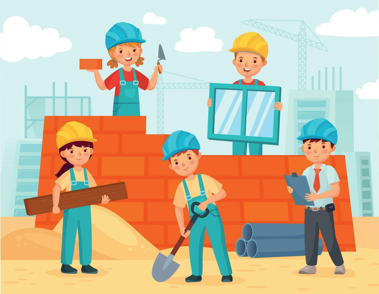 Kids build construction. Little workers in helmets build building from bricks, funny kids teamwork and kid engineer build house vector illustration