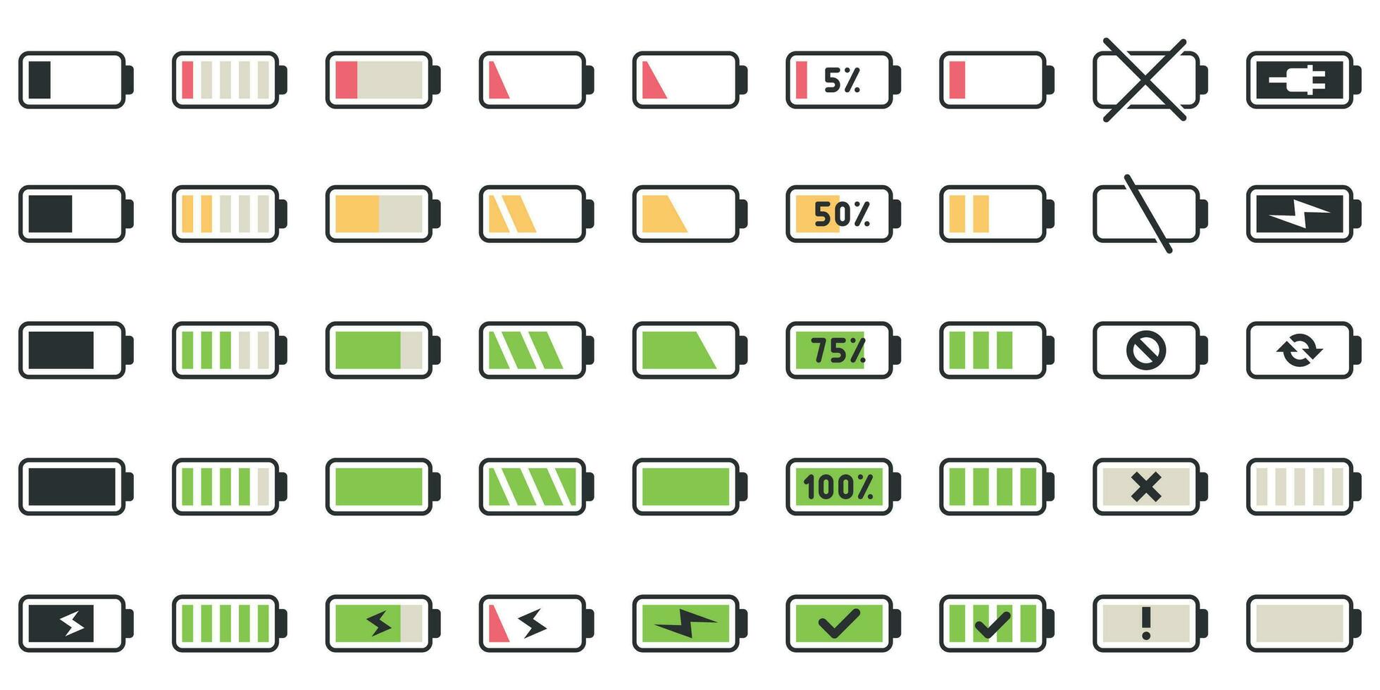 Battery charge icons. Powered indicator, charging empty batteries and low battery power icon vector illustration set