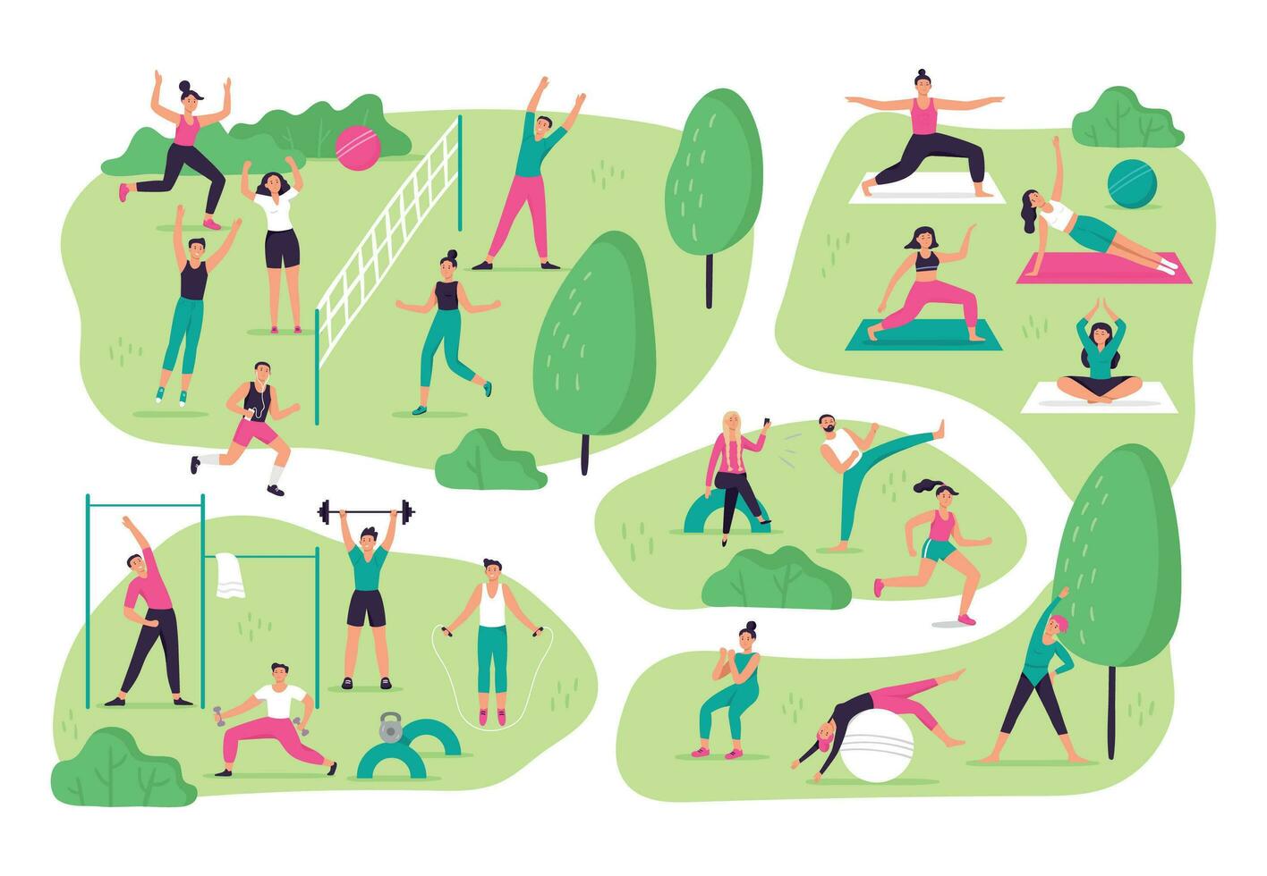 People do sports in park. Outdoor sport activities, group workout and healthy lifestyle vector illustration