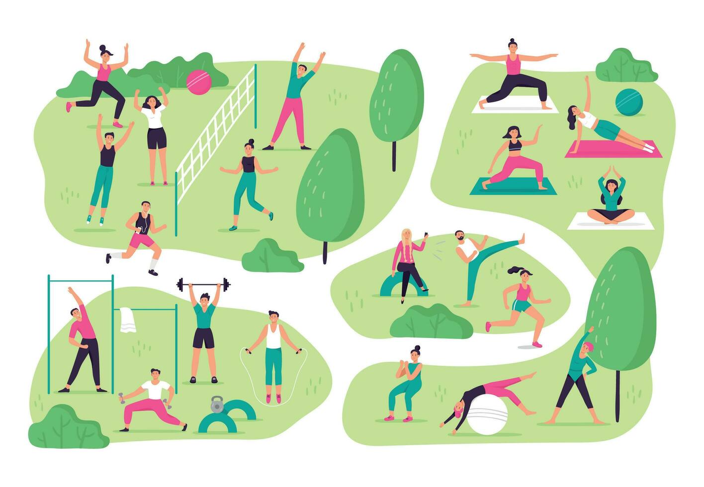 personas hacer Deportes en parque. al aire libre deporte actividades, grupo rutina de ejercicio y sano estilo de vida vector ilustración