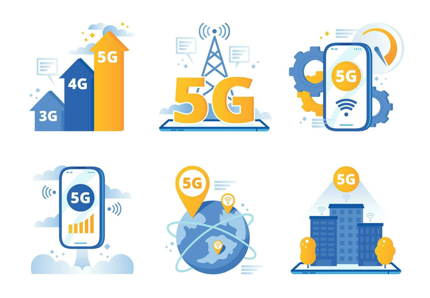 Mobile 5G network. City fast internet hotspot, wireless telecommunications and fifth generation networks vector illustration set