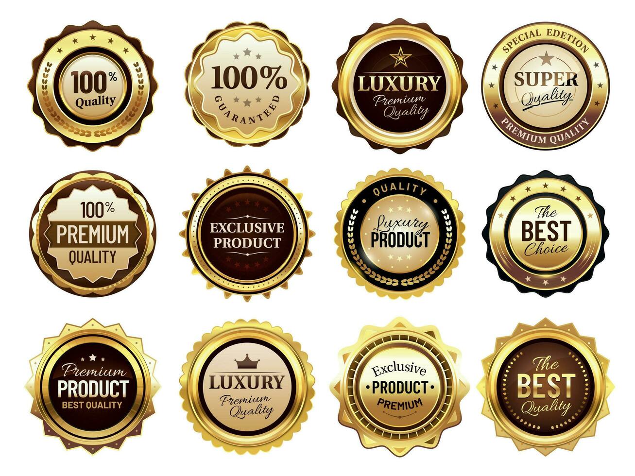 Luxury golden badges. Premium quality stamp, gold labels and best offer badge vector illustration set