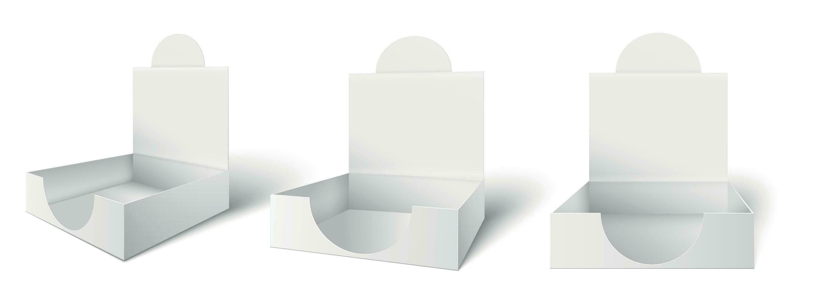cartulina mostrador muestra caja. encimeras publicidad cajas, abierto embalaje y paquetes Bosquejo 3d vector ilustración conjunto