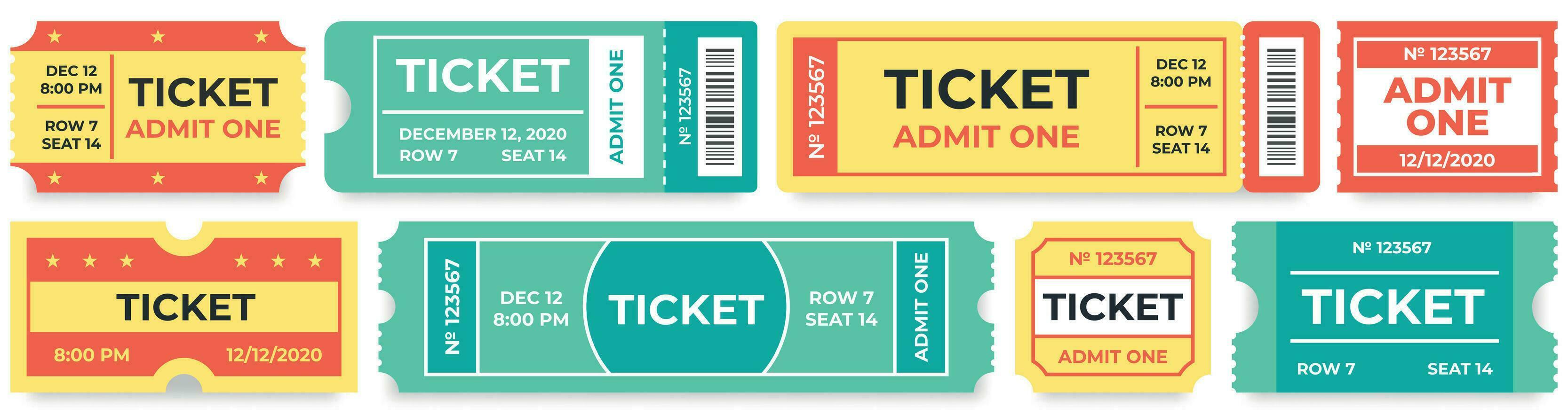 Admit one tickets. Circus entries coupon, retro cinema ticket and movie entrance coupons vector set