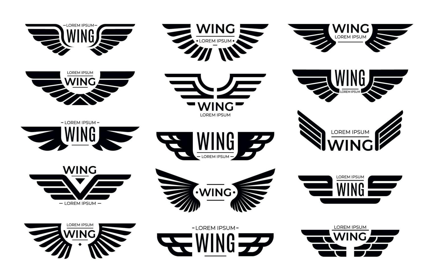 Wings badges. Flying emblem, eagle bird wing and winged frame vector set
