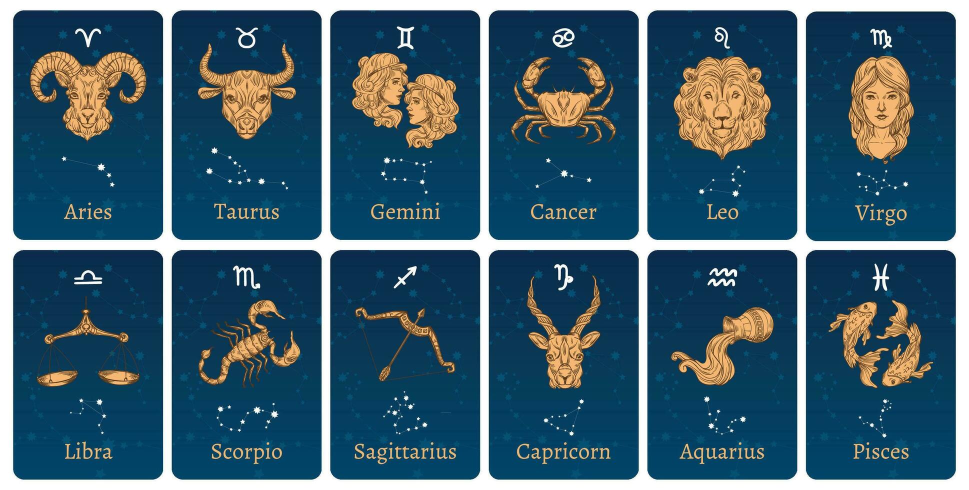 Zodiac constellations and signs. Horoscope cards with constellation stars, decorative zodiac sketch symbols vector illustration set