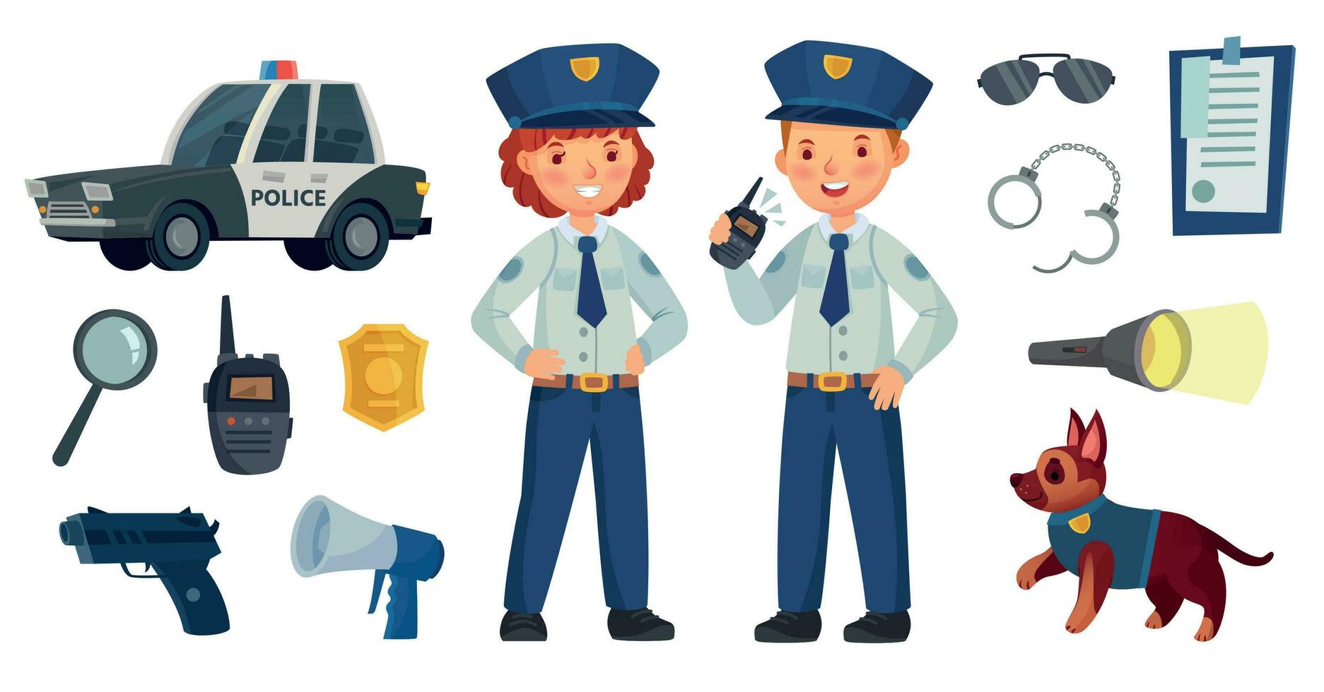 Cartoon police kids. Little boy and girl in patrol suits, police car and dog. Gun, radio and police badge vector illustration set
