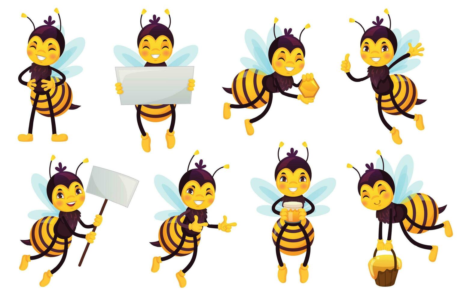 Cartoon bee character. Bees honey, flying cute honeybee and funny yellow bee mascot vector illustration set