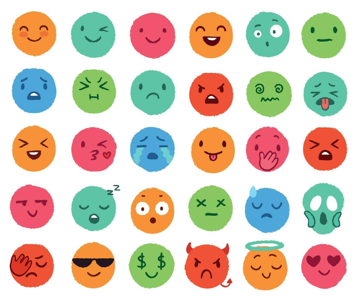 Hand drawn color emoji. Colorful doodle faces, happy emoticon and smiling round face vector set. Cute social media stickers for different emotions expression. Various funny badges collection