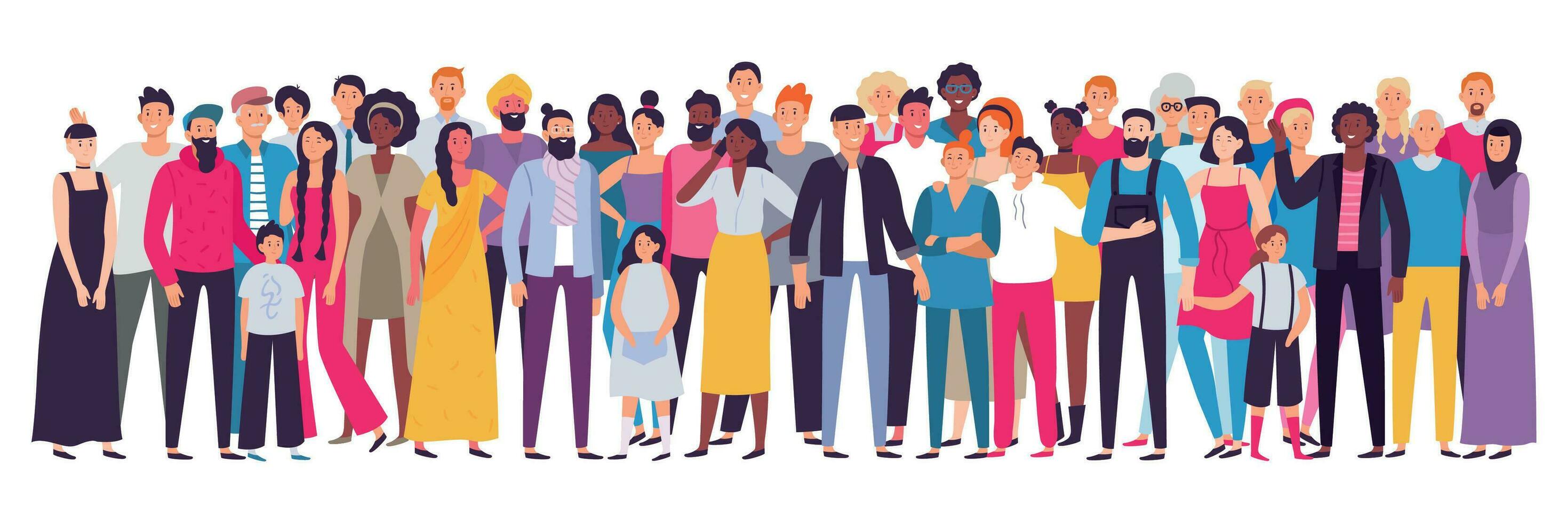 Multiethnic group of people. Society, multicultural community portrait and citizens. Young, adult and elder people vector illustration