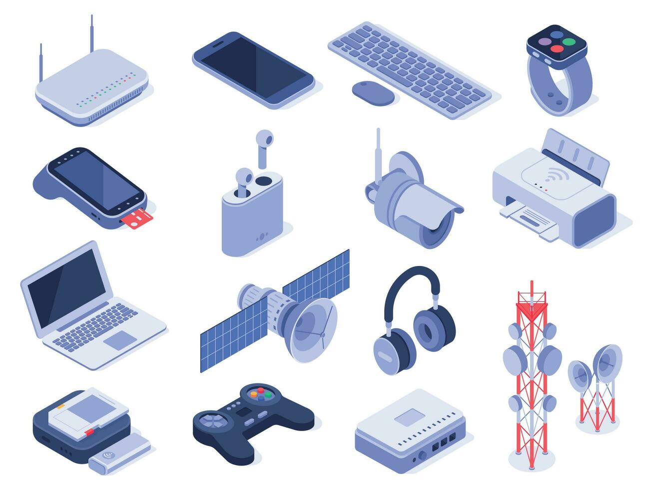 Isometric wireless devices. Computer connect gadgets, wireless connection remote controller and router device 3d vector set