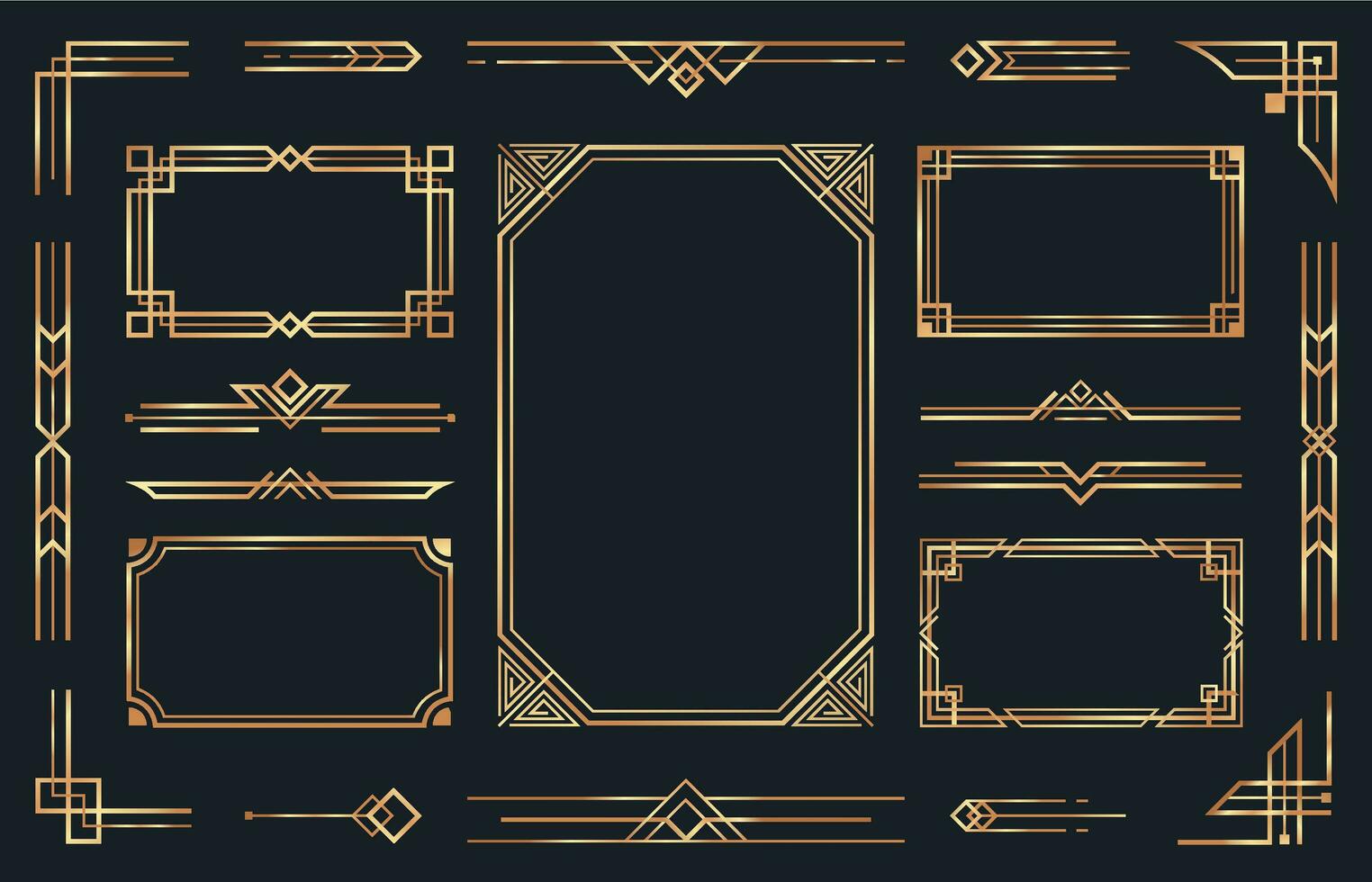 Golden art deco ornaments. Arabic antique decorative gold border, retro geometric ornamental frame and ornate golden corners vector set