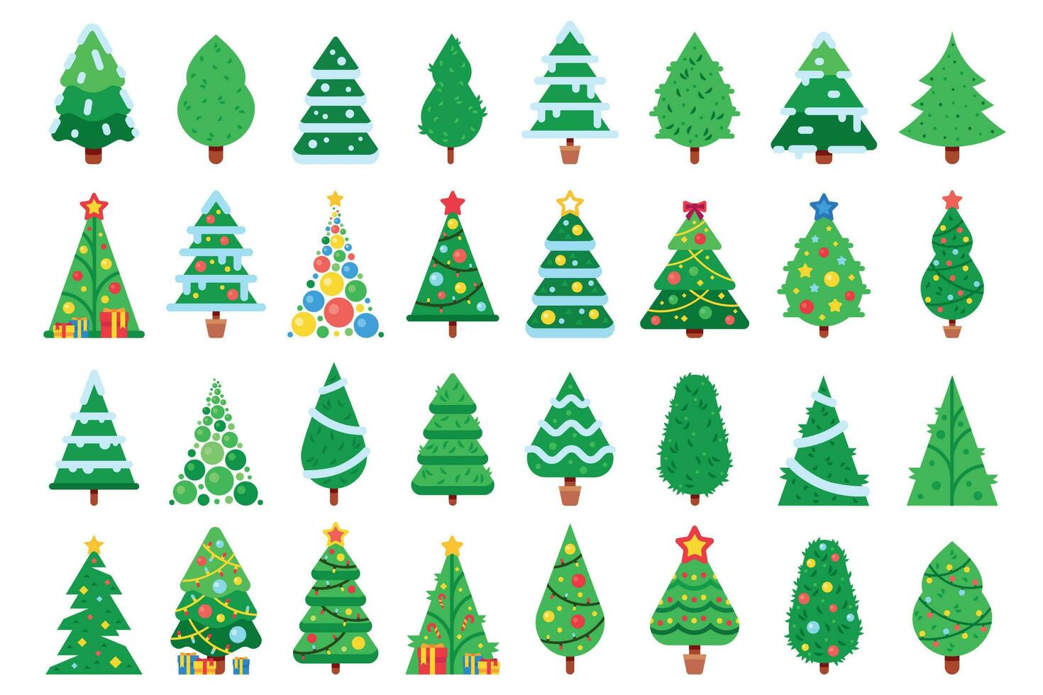 Christmas trees. Decorated New Year tree, green spruce and gift box under xmas tree flat vector illustration set