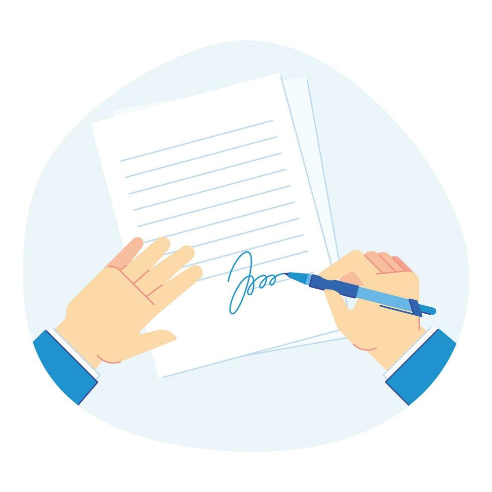 Signing document. Pen in businessman hand, clipboard folder with business documents and signed paper vector illustration