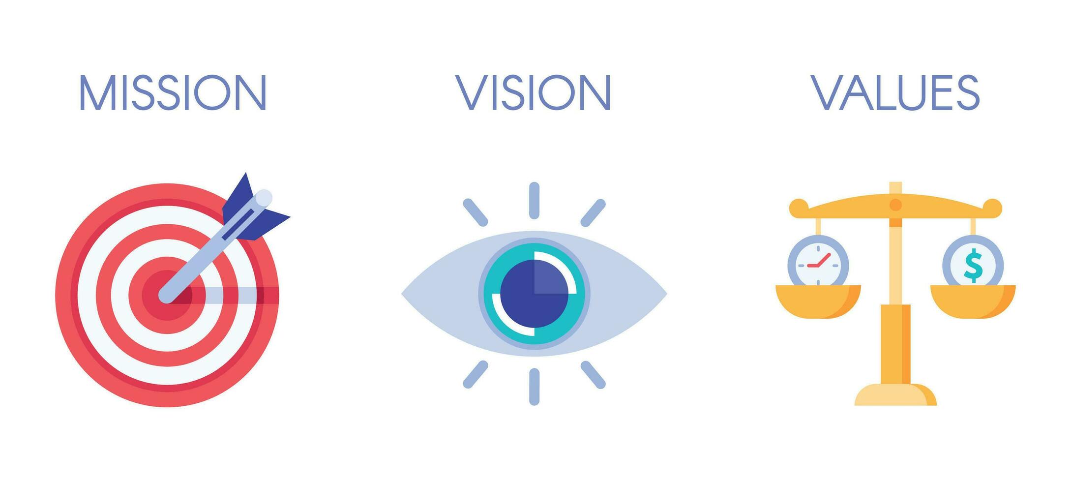 Mission, vision and values. Business strategy icons, company value and success rules flat vector illustration
