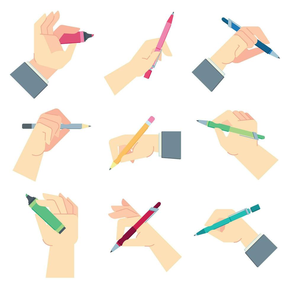Writing accessories in hands. Pen in businessman hand, write on paper sheet or notepad and hands gestures vector illustration set