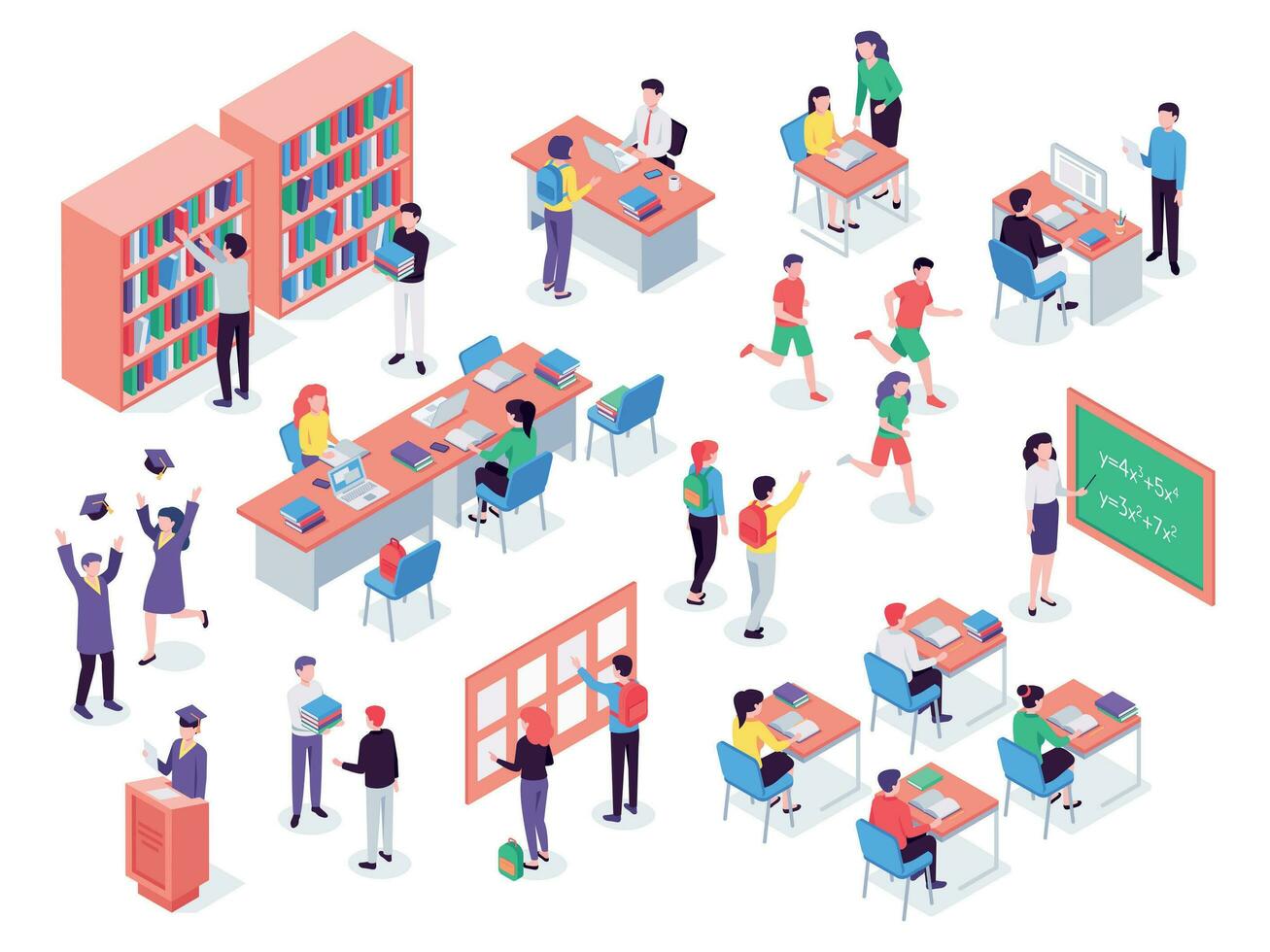 Isometric school. Childrens and teacher in classroom, students in schools library and education classroom vector 3d illustration set