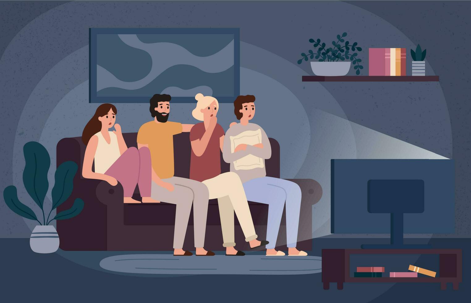 Friends watching horror movie together. Scared teens sitting on sofa and watch scary movie in dark living room vector illustration