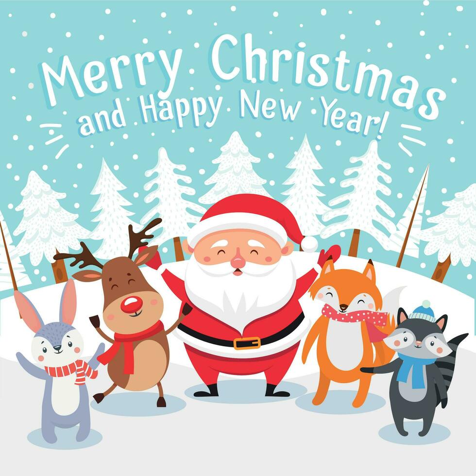 Merry Christmas cartoon greeting card. Happy xmas pets, Santa present gifts and winter holiday presents vector illustration