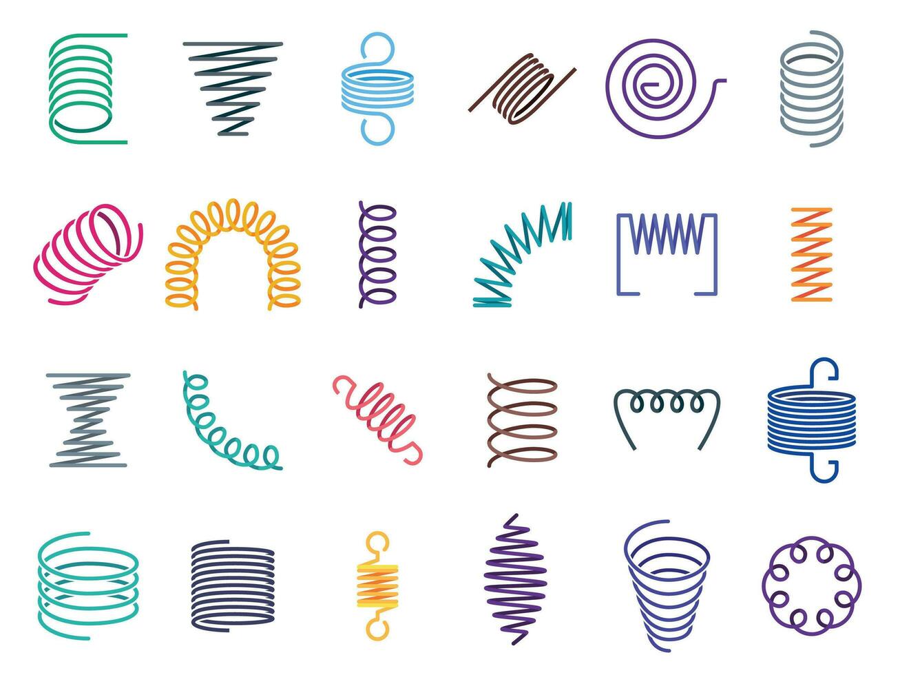 Color coil spirals. Metal coils, flexible wire springs and spiral spring vector icons set