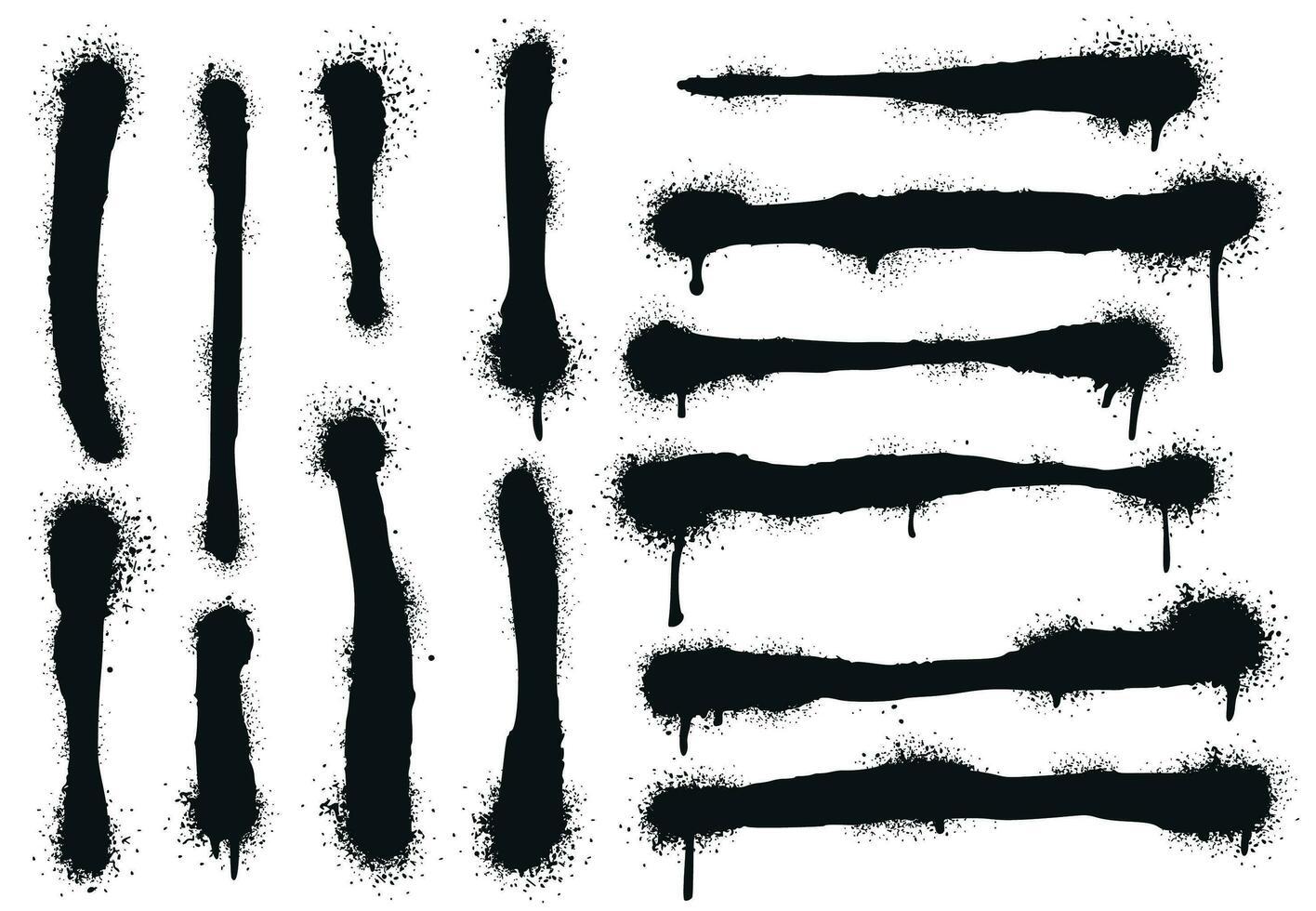Spray painted lines with paint drips. Graffiti paint, splatter drawing strokes and dirty street art vector illustration set