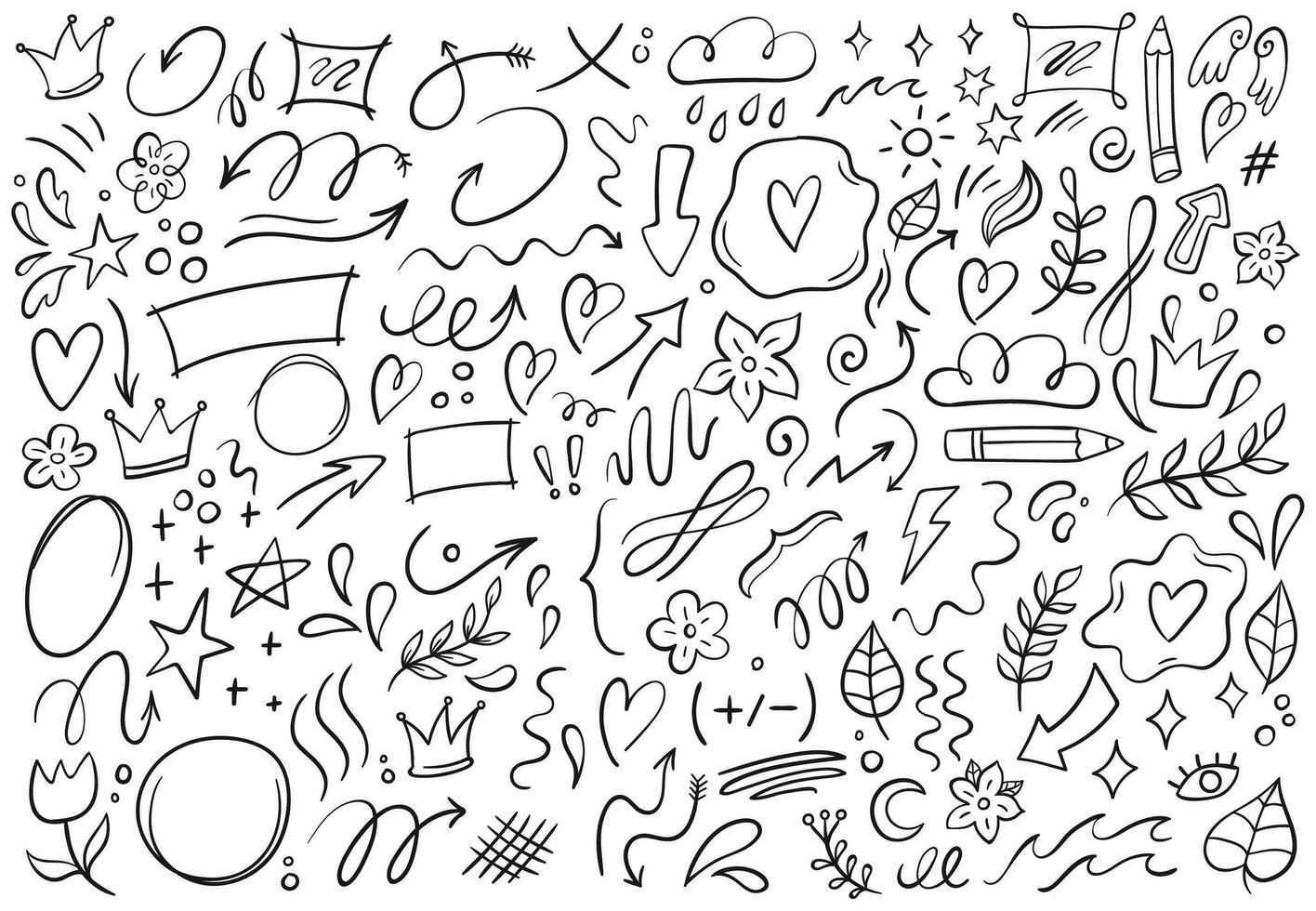 Decorative doodles. Hand drawn pointing arrow, outline shapes and doodle frames vector illustration set
