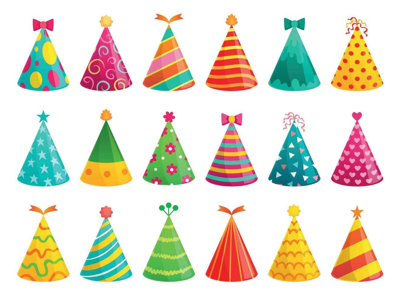 Cartoon birthday party caps. Funny celebration cap, holiday cone and colorful paper hat vector illustration set