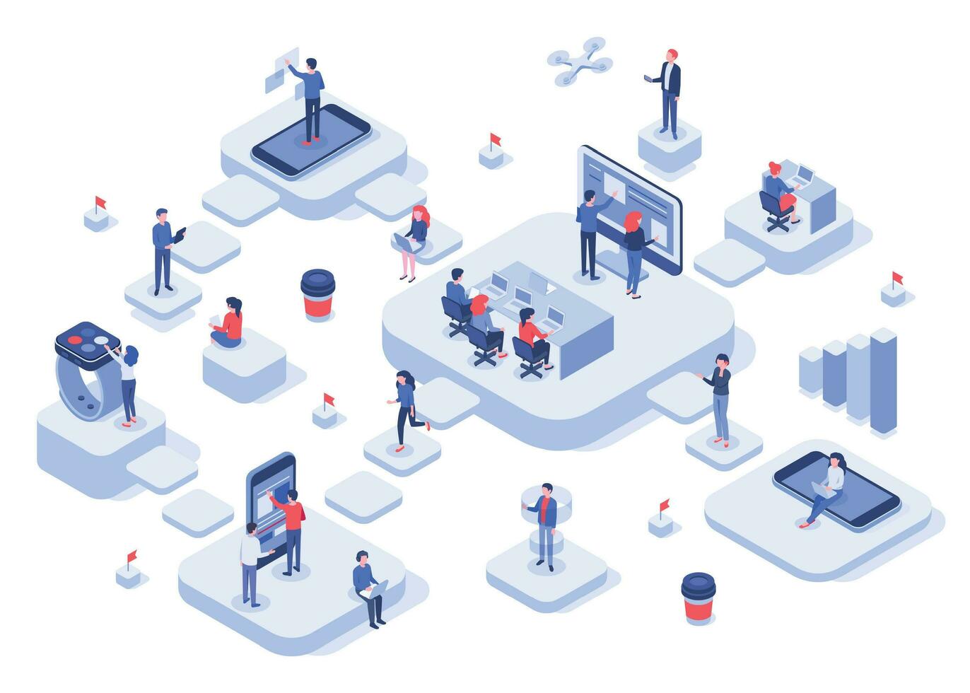 isométrica trabajo equipo. nube lugares de trabajo plataformas, moderno equipos flujo de trabajo proceso y desarrollo empresa puesta en marcha 3d vector ilustración