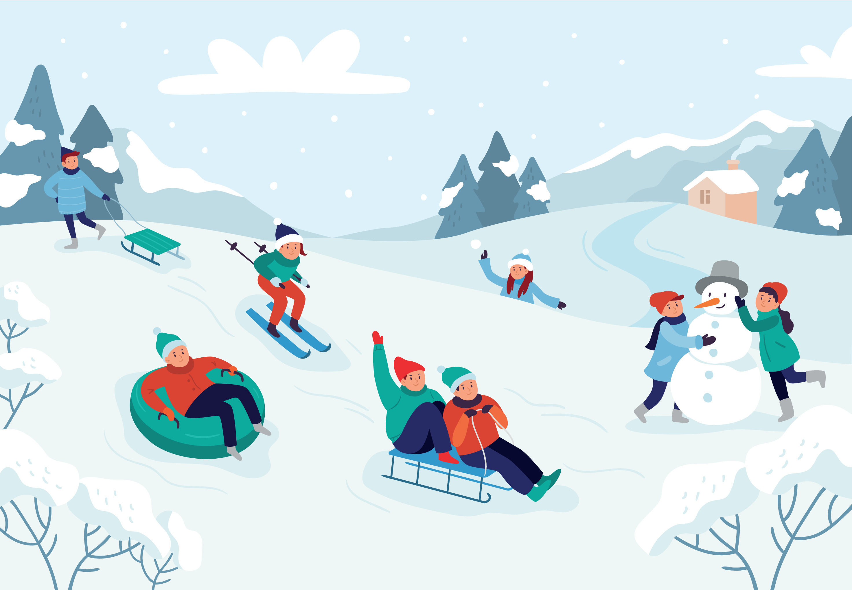 niño en la nieve con trineo Stock Illustration