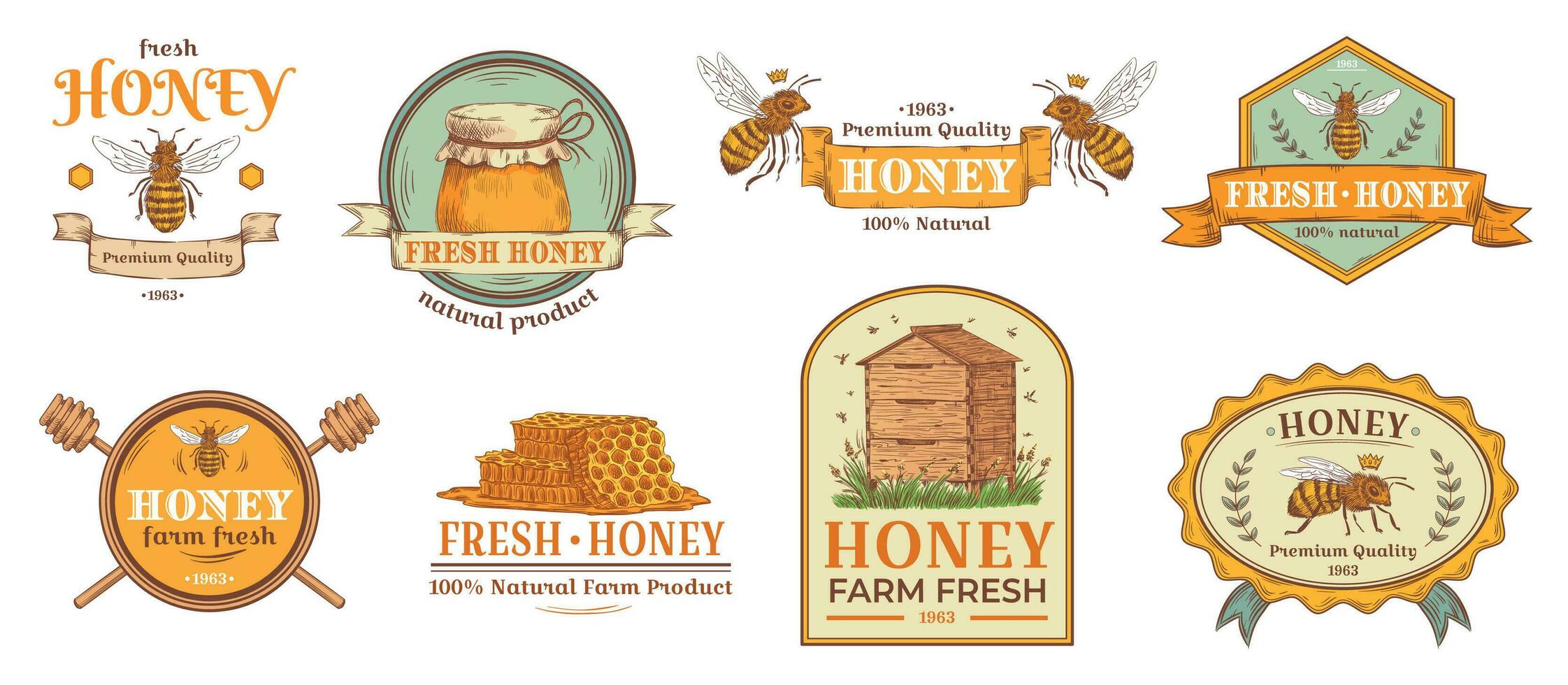 Honey badge. Natural bee farm product label, organic beekeeping pollen and bees hive emblem badges vector illustration set