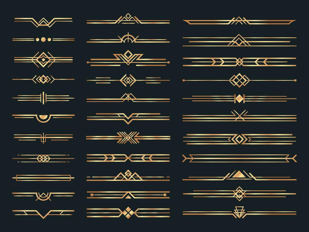 Golden art deco dividers. Vintage gold ornaments, decorative divider and 1920s header ornament vector set