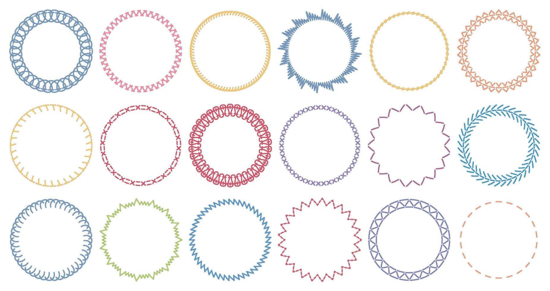 Sewing circle frames. Embroidered borders, stitched round frame and sew seams border pattern vector illustration set