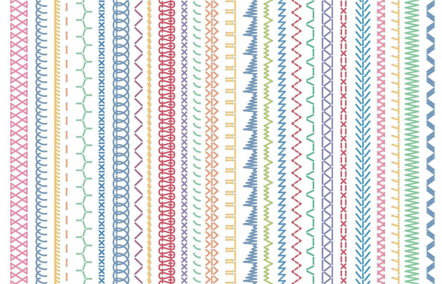 Sewing seams patterns. Embroidery craft sew pattern, fashion seam brush and colorful stitches stitched fabric vector illustration set