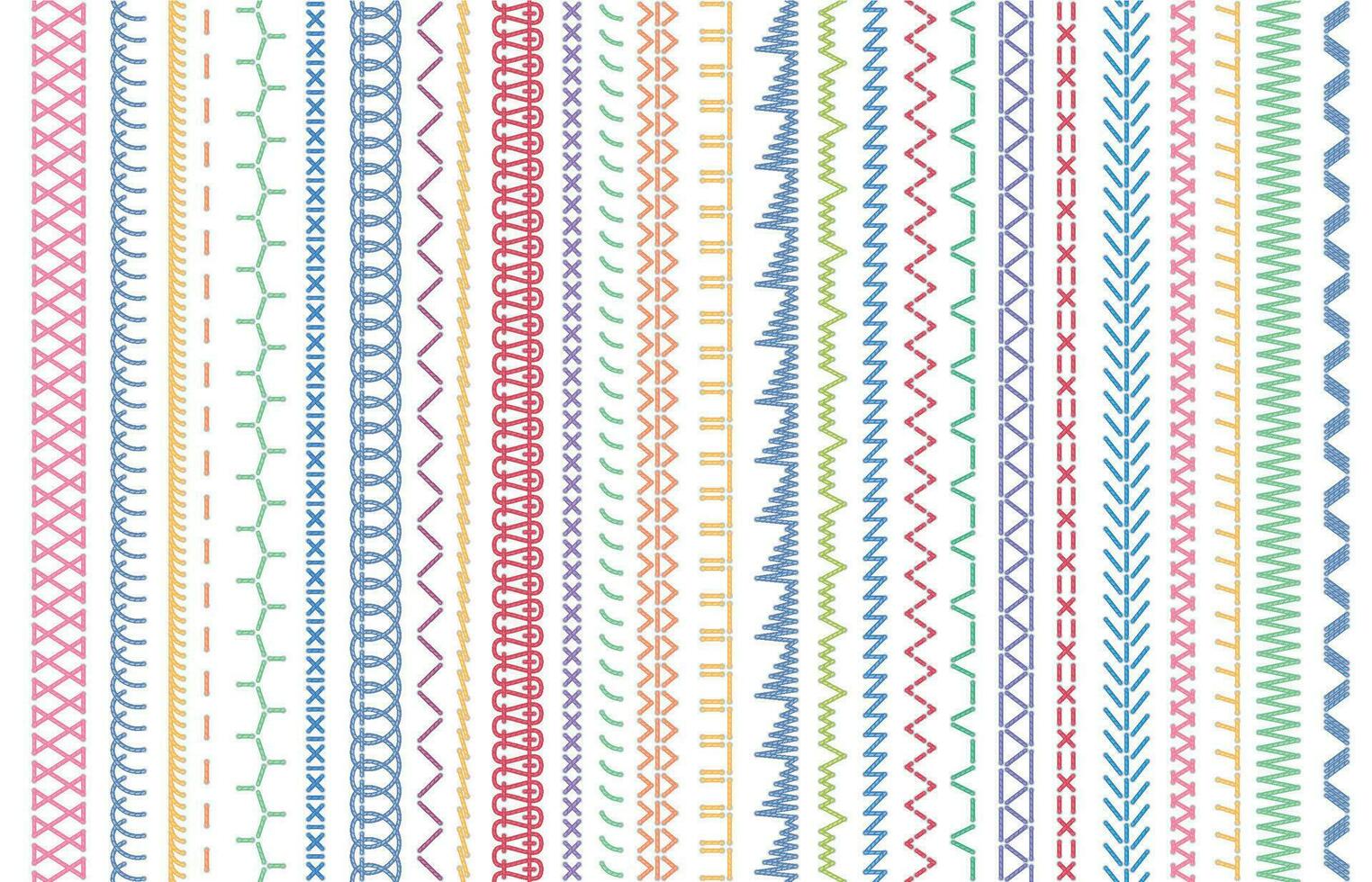 Sewing seams patterns. Embroidery craft sew pattern, fashion seam brush and colorful stitches stitched fabric vector illustration set