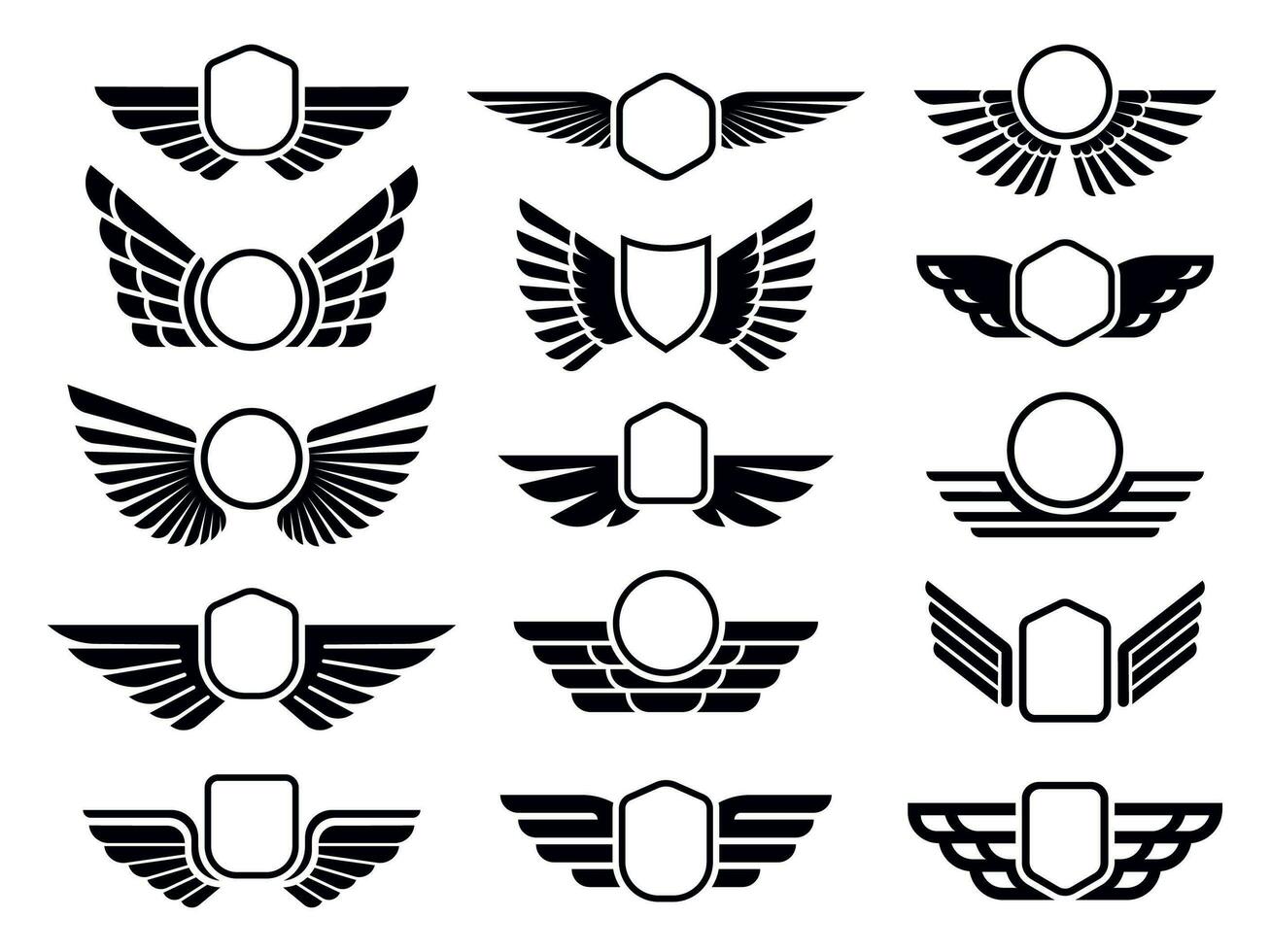 Winged frames. Flying bird shield emblem, eagle wings badge frame and retro aviation fast wing symbol vector set