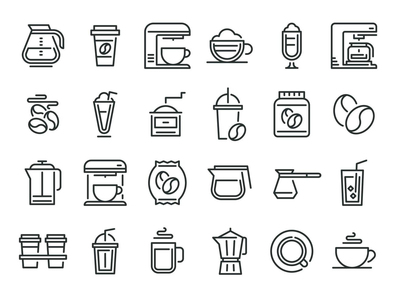 Coffee line icons. Hot drink cup, nature coffee beans and cafe outline pictogram vector set