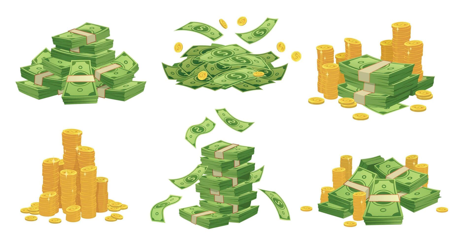 Cartoon money and coins. Green dollar banknotes pile, golden coin and rich vector illustration set