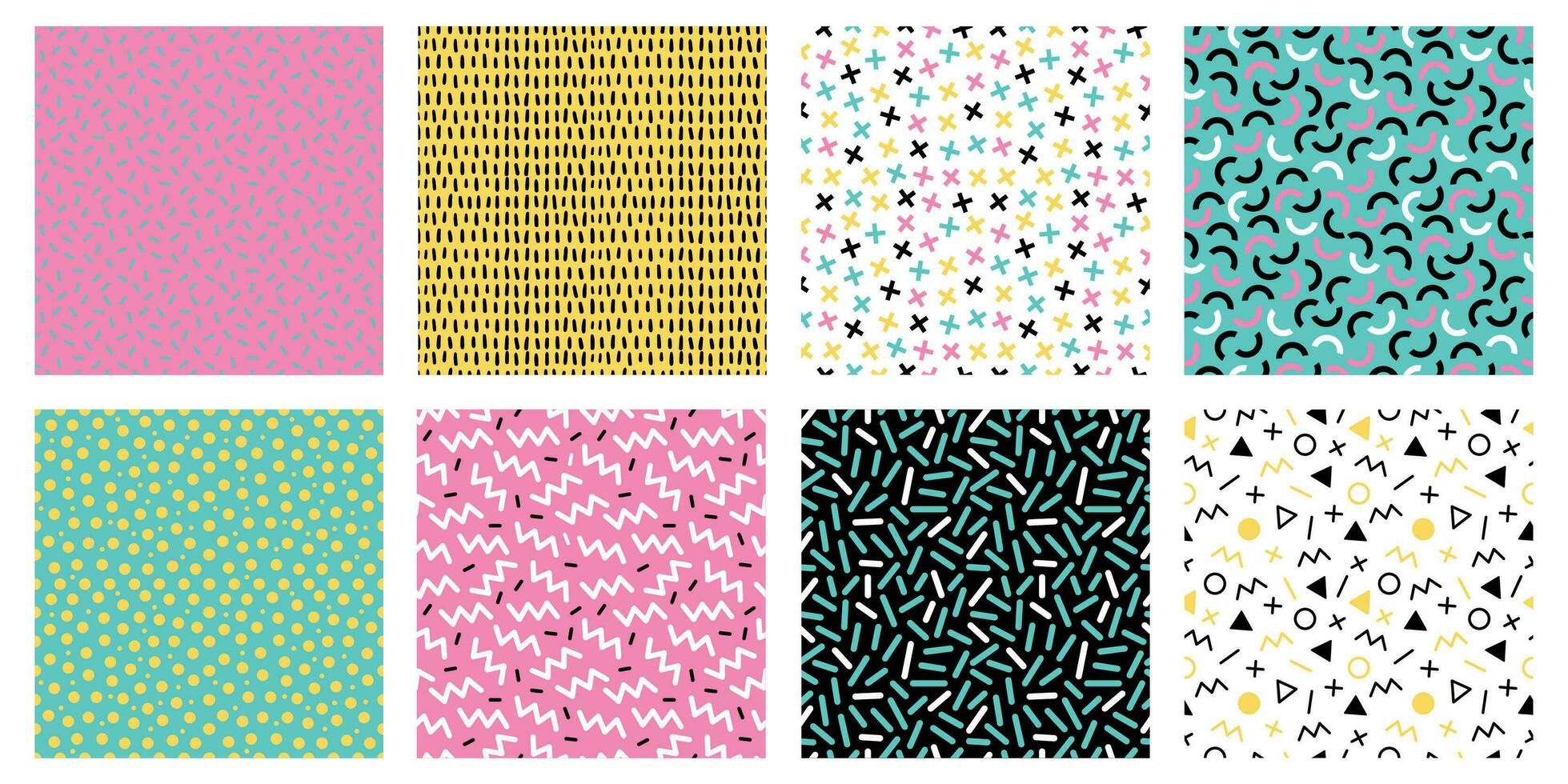 Colorful memphis seamless patterns. Fashion 80s mosaic texture, color retro textures and geometric lines and dots pattern vector set